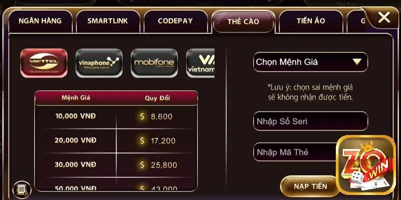 Sử dụng thẻ cào để nạp tiền vào cổng game hàng đầu Zowin